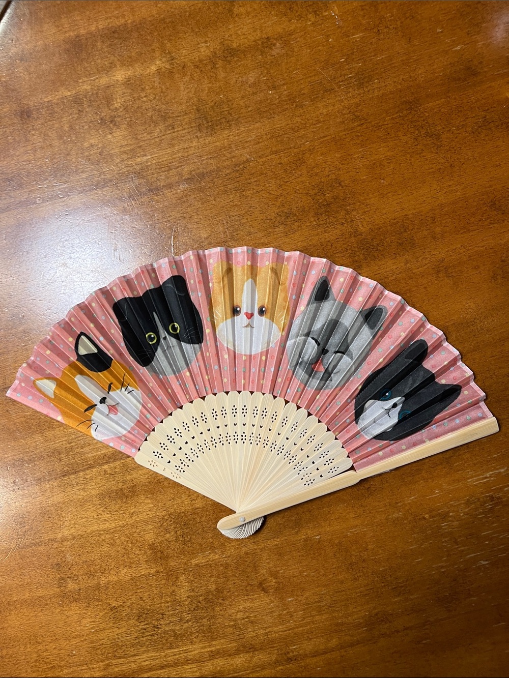 Handheld Folding Fan with Cute Cat Design - Pink